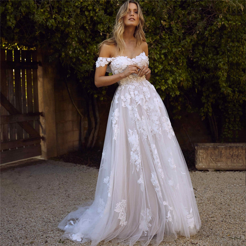 Off The Shoulder Lace A-Line Wedding Dress with Appliques