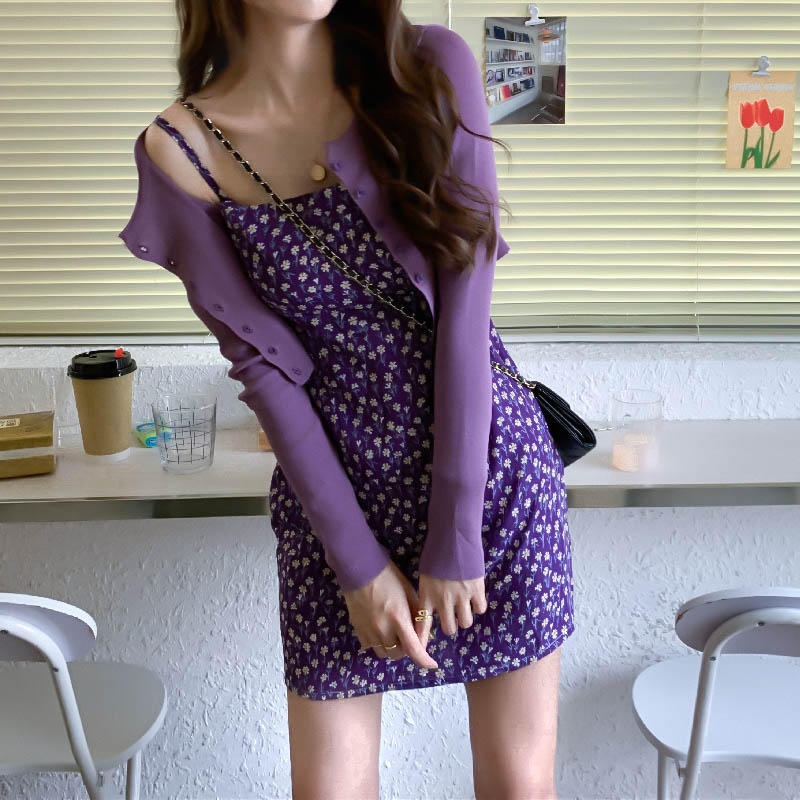 Purple Floral Sleeveless Sundress With One Word Collar For Sweet Short Hem
