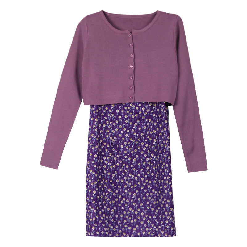 Purple Floral Sleeveless Sundress With One Word Collar For Sweet Short Hem