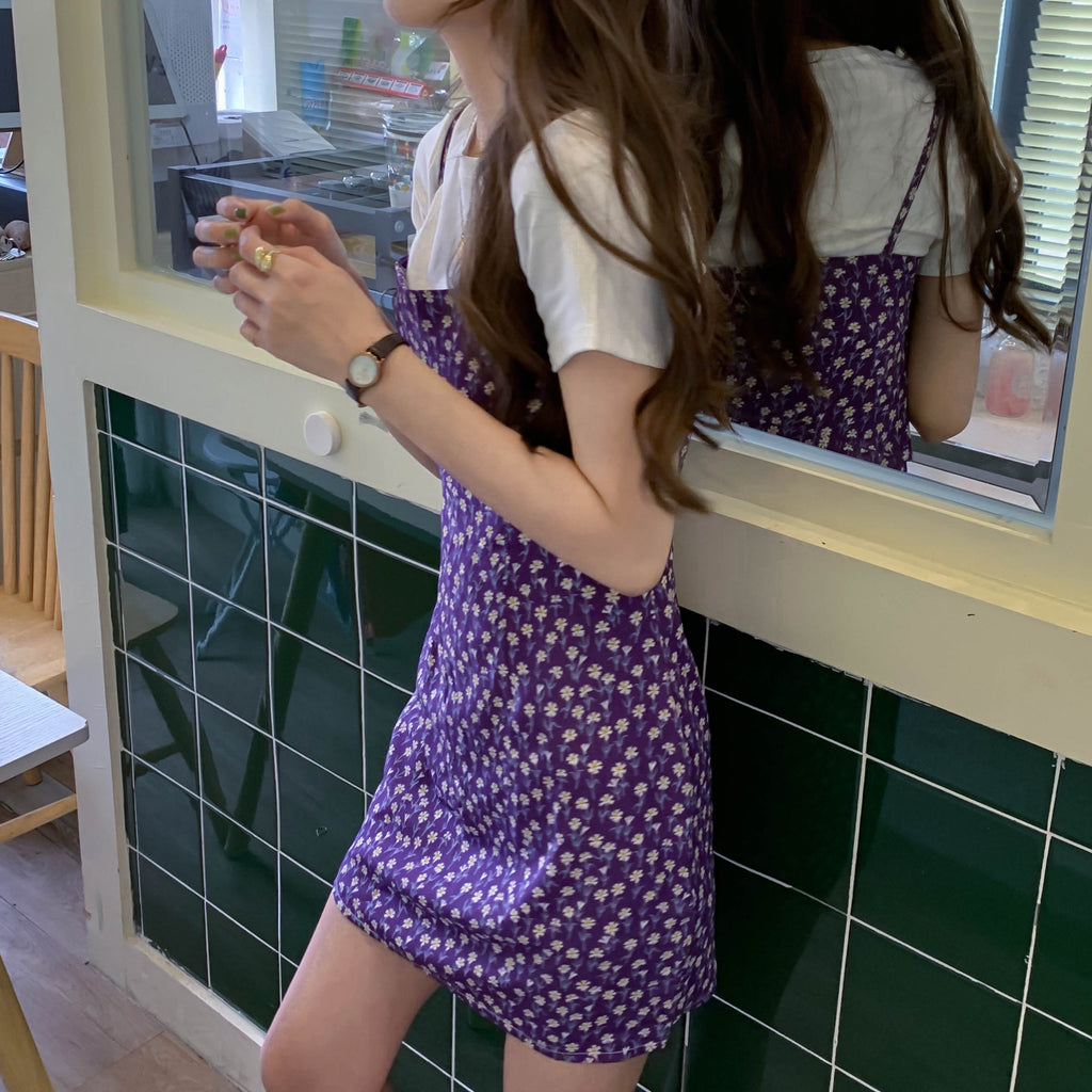 Purple Floral Sleeveless Sundress With One Word Collar For Sweet Short Hem