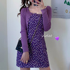 Purple Floral Sleeveless Sundress With One Word Collar For Sweet Short Hem