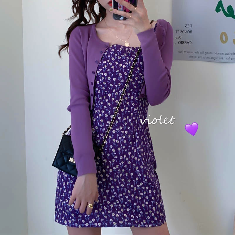 Purple Floral Sleeveless Sundress With One Word Collar For Sweet Short Hem