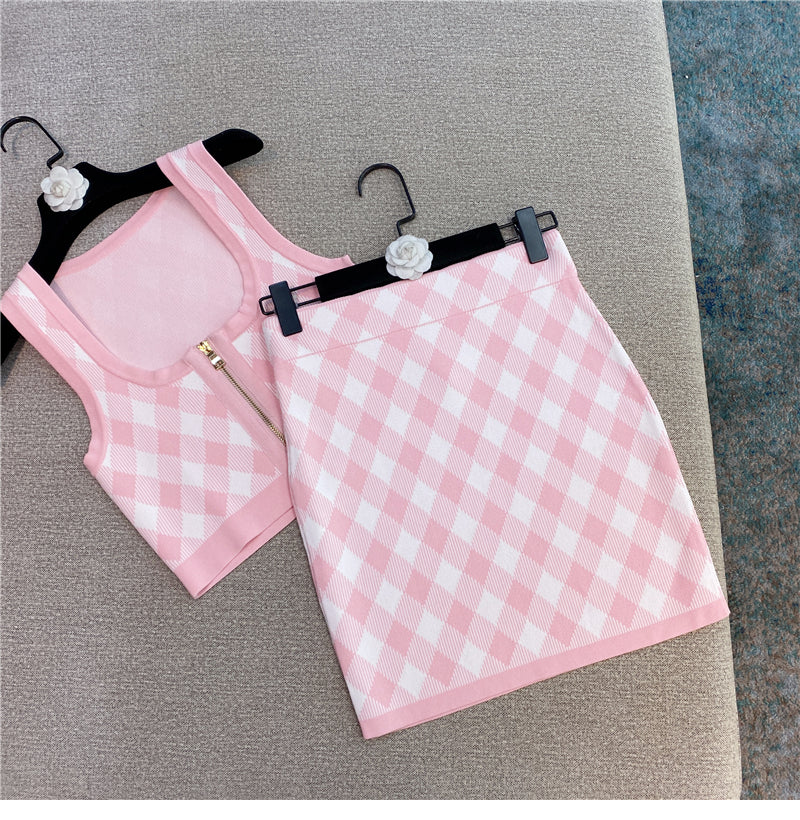 Pink Plaid two piece Set With Sleeveless Square Neck Tank And Mini Skirt
