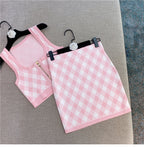 Pink Plaid two piece Set With Sleeveless Square Neck Tank And Mini Skirt