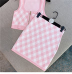 Pink Plaid two piece Set With Sleeveless Square Neck Tank And Mini Skirt