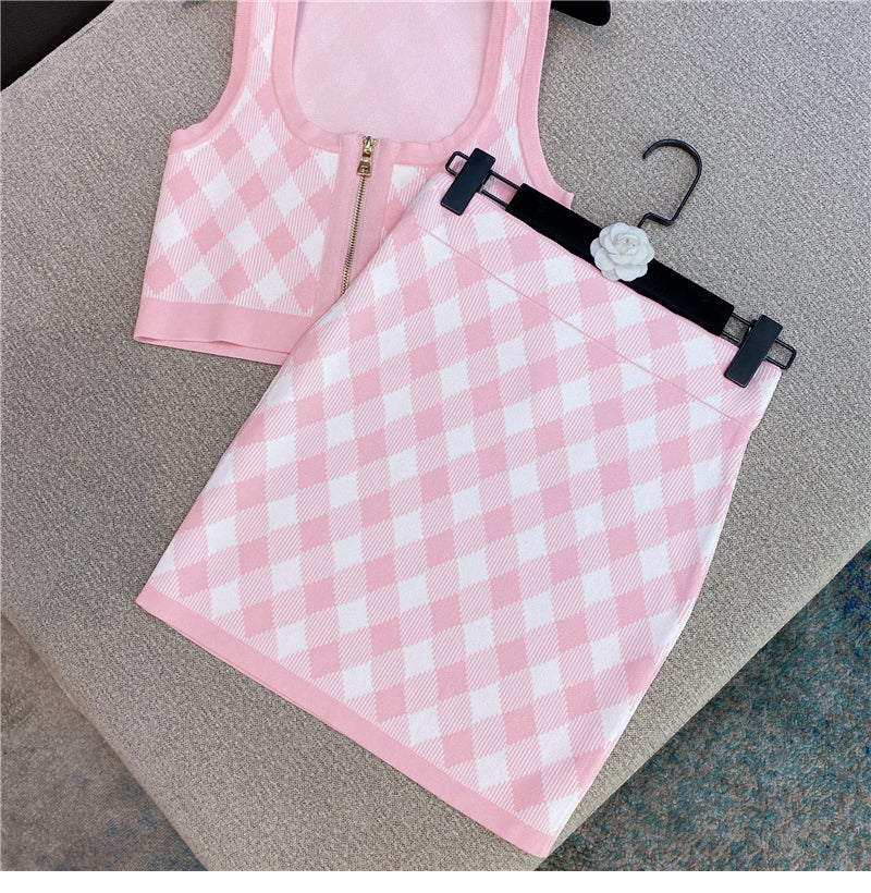 Pink Plaid two piece Set With Sleeveless Square Neck Tank And Mini Skirt
