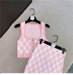 Pink Plaid two piece Set With Sleeveless Square Neck Tank And Mini Skirt