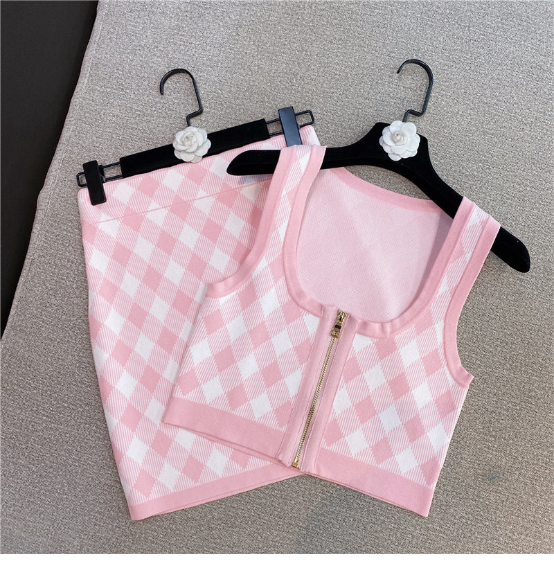 Pink Plaid two piece Set With Sleeveless Square Neck Tank And Mini Skirt