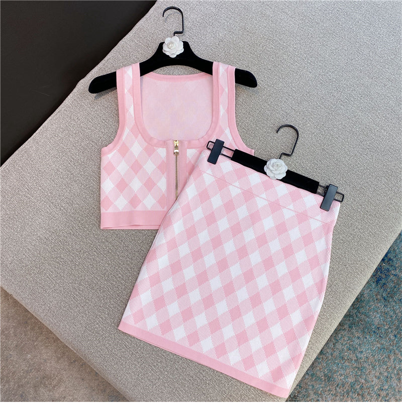 Pink Plaid two piece Set With Sleeveless Square Neck Tank And Mini Skirt