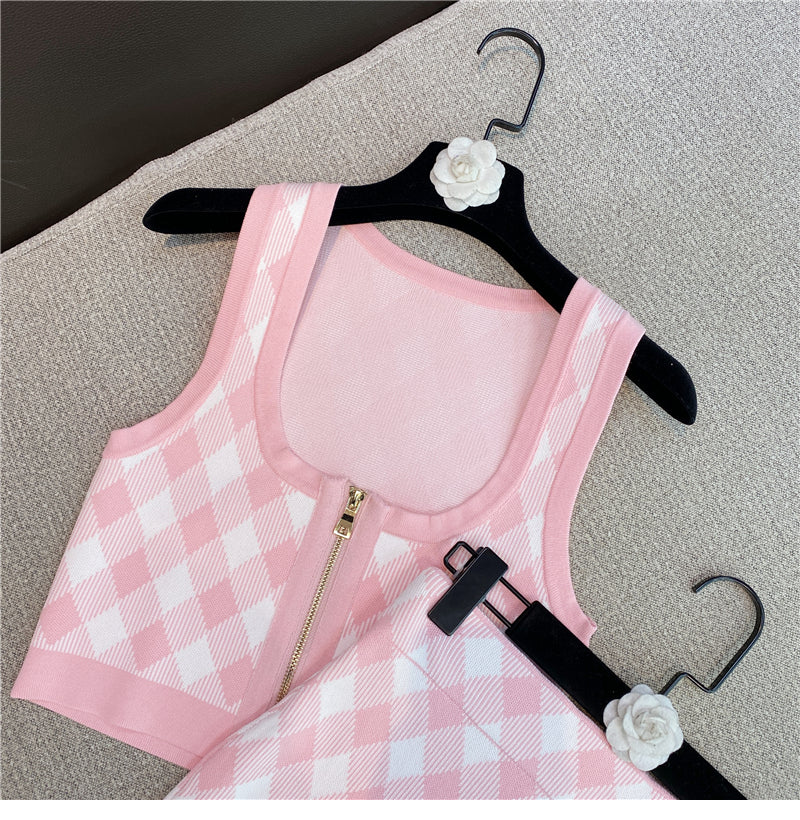 Pink Plaid two piece Set With Sleeveless Square Neck Tank And Mini Skirt