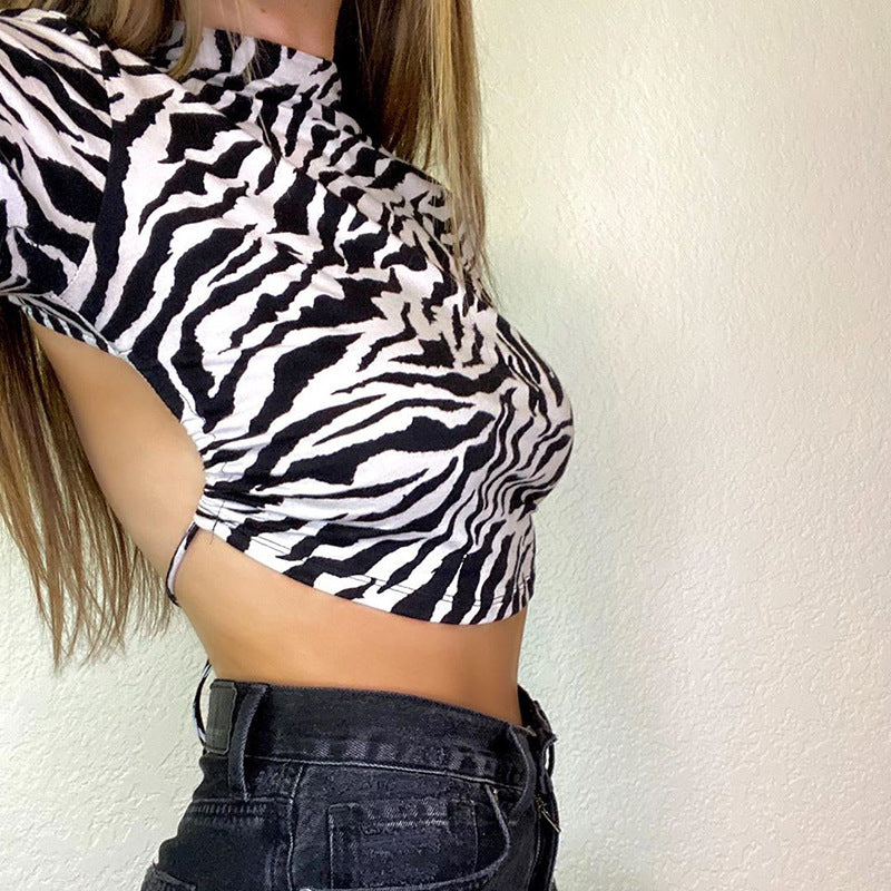 Zebra Print Backless Cropped Tee With Long Sleeves