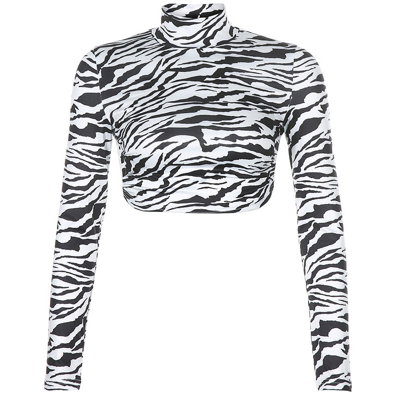 Zebra Print Backless Cropped Tee With Long Sleeves