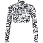 Zebra Print Backless Cropped Tee With Long Sleeves