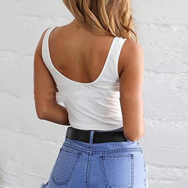 Chic Ribbed Crop Vest Top With Button Embellishments Slim Fit And Versatile Layering
