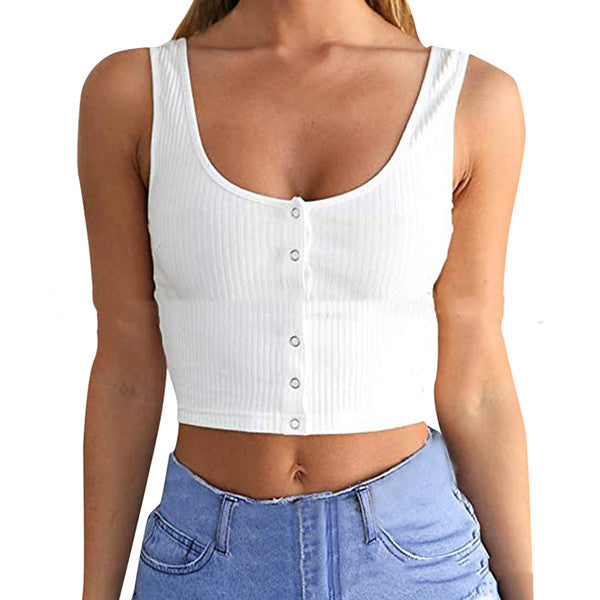 Chic Ribbed Crop Vest Top With Button Embellishments Slim Fit And Versatile Layering