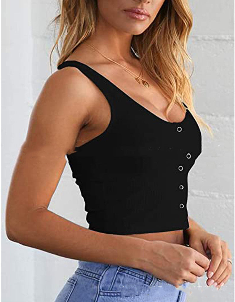 Chic Ribbed Crop Vest Top With Button Embellishments Slim Fit And Versatile Layering