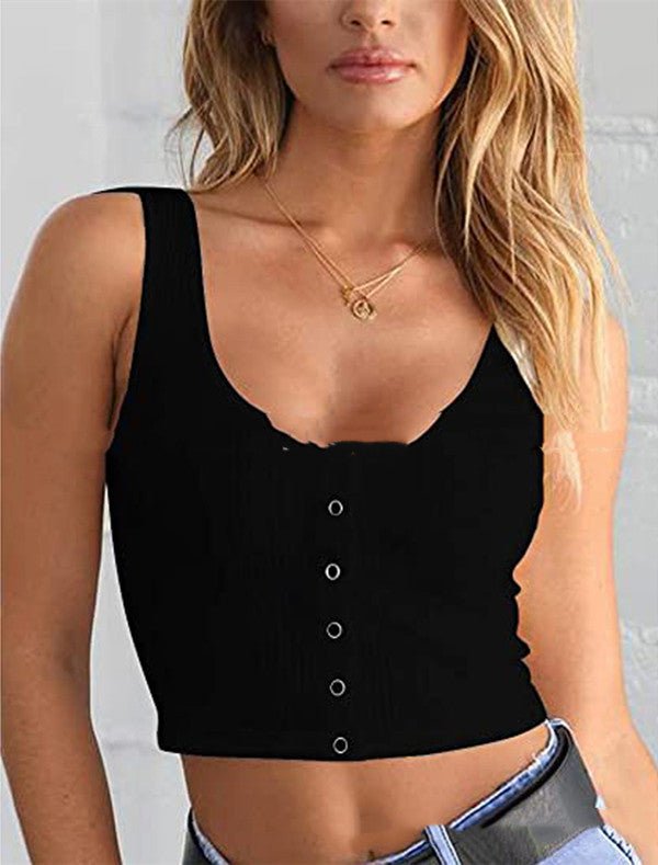 Chic Ribbed Crop Vest Top With Button Embellishments Slim Fit And Versatile Layering