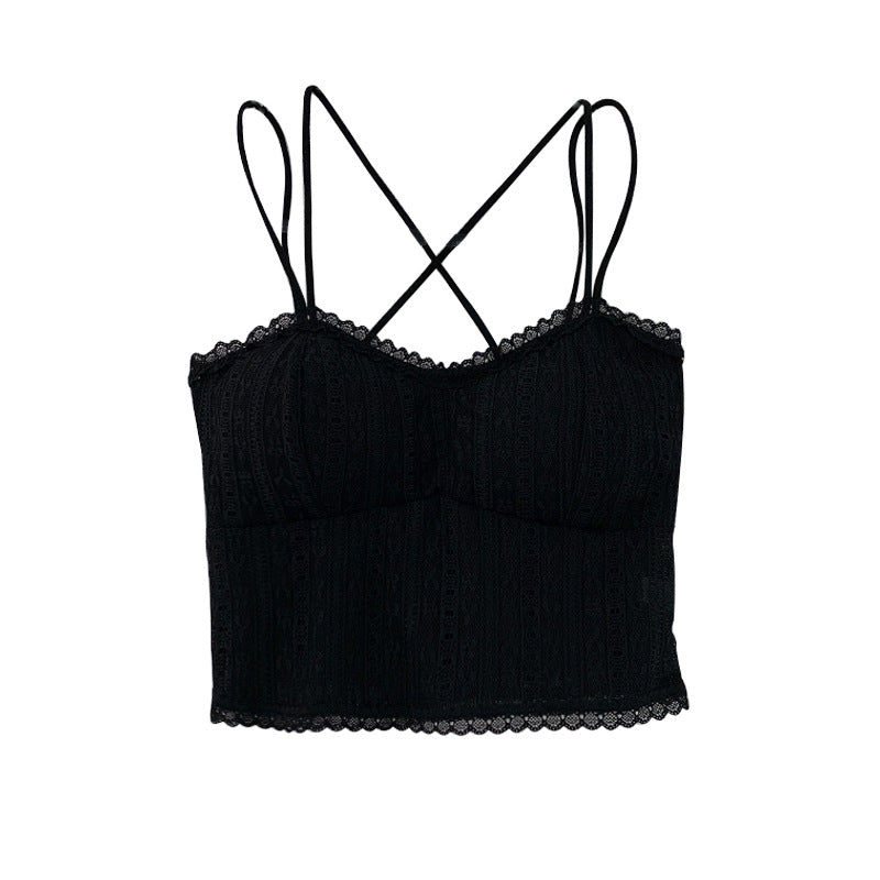 Delicate Lace Tube Top With Hollow Cutout Built In Bra Pad