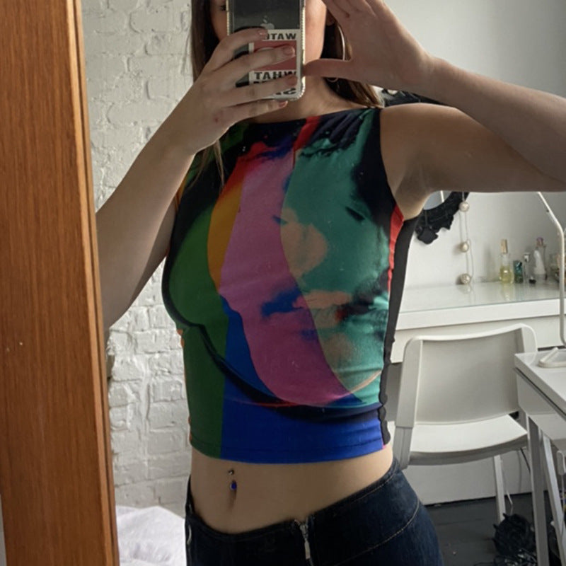 Retro Painting Print Tank Top Vintage Mesh Street Style