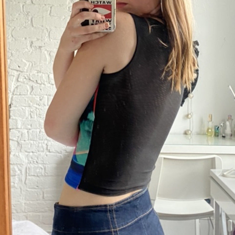 Retro Painting Print Tank Top Vintage Mesh Street Style