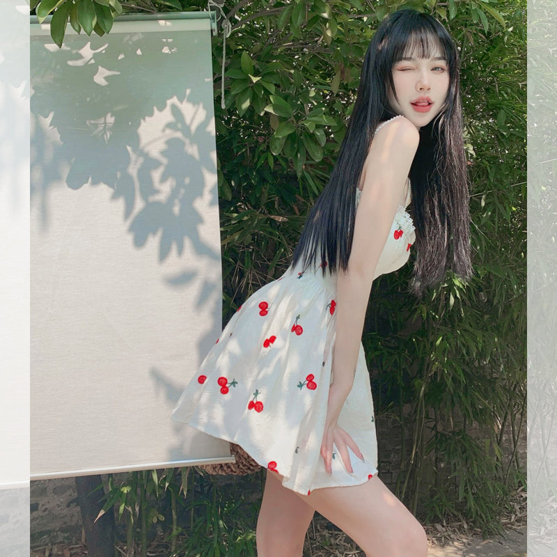 Cherry Print Strap Dress With Cute Silhouette