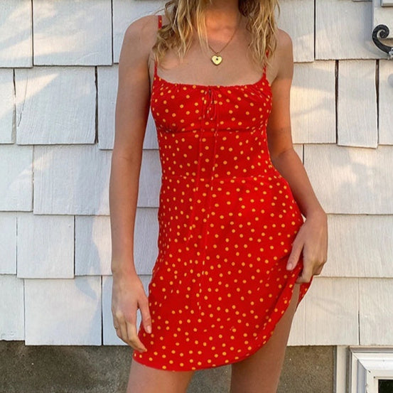 Floral Print Short Sling Dress With A-Line Skirt Zipper Detail