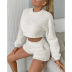Cozy Plush Women Home Set With Long Sleeve Sweater Top And Shorts