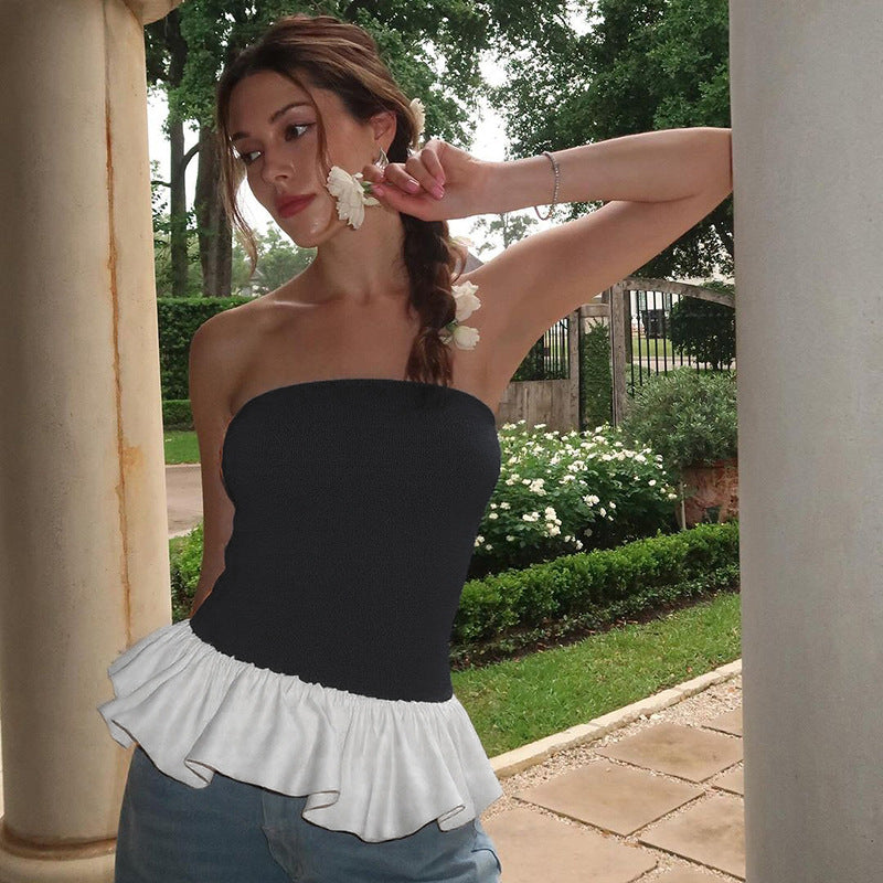 Chic Patchwork Bandeau Top With Ruffles Slim Fit Black