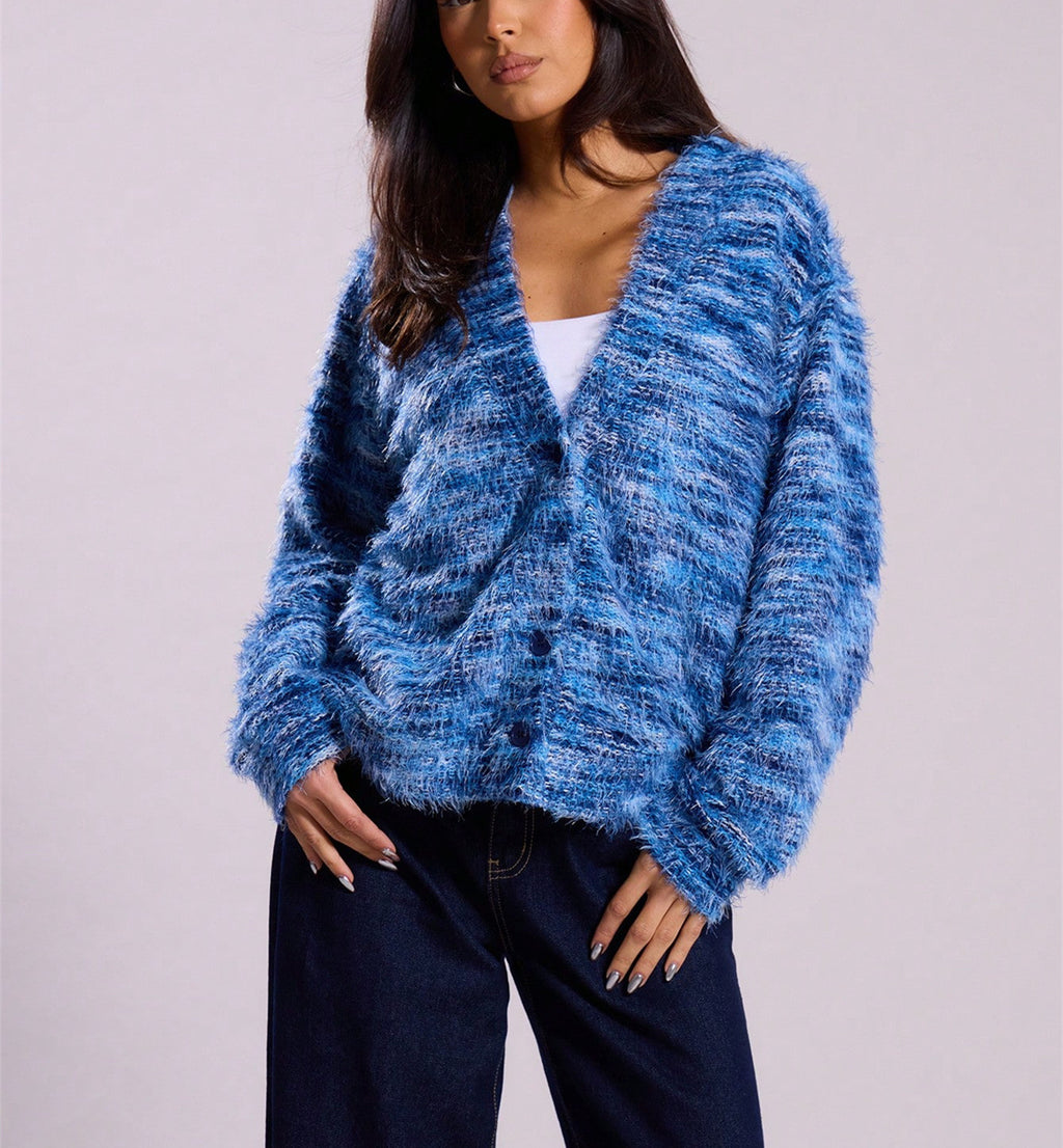 Cozy Stripe Knitted Button Cardigan Cropped V Neck Sweater For Women