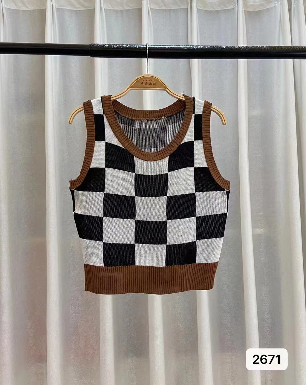 Plaid Square Knitted Camisole Soft Viscose Slim Fit Free Size