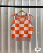 Plaid Square Knitted Camisole Soft Viscose Slim Fit Free Size