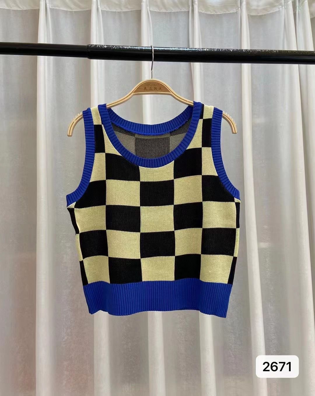Plaid Square Knitted Camisole Soft Viscose Slim Fit Free Size