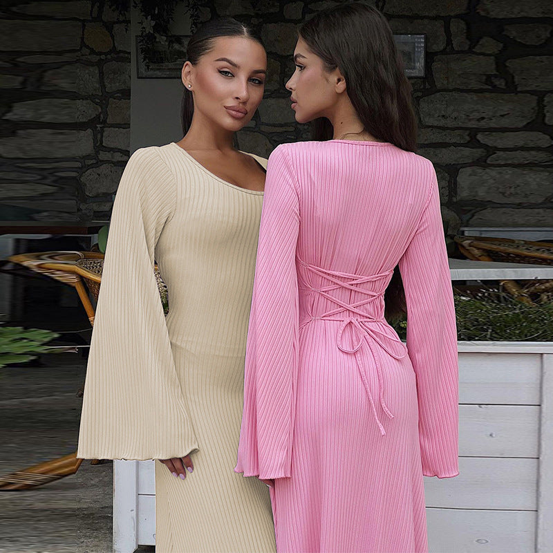 Women's U-Neck Lace-Up Back Princess Dress with Bell Sleeves