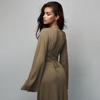 Women's U-Neck Lace-Up Back Princess Dress with Bell Sleeves