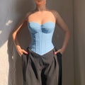 Denim Tube Vest Top With Back Tie Cropped Corset Tank