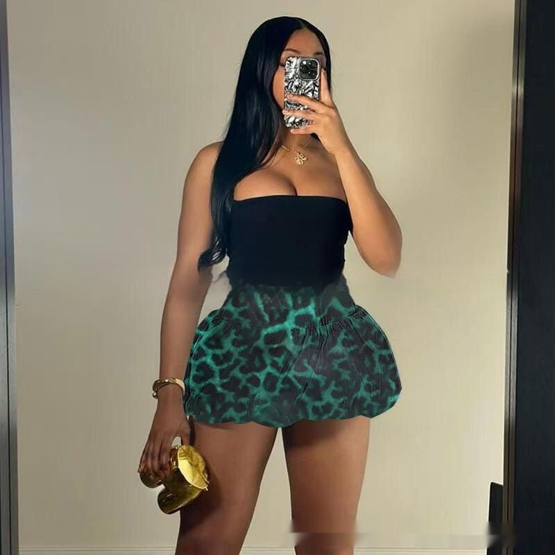 Chic Leopard Print Puff Skirt With Stretchy Spandex