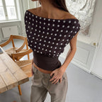 Polka Dot Chiffon Patchwork Crop Top With Oblique Shoulder Backless