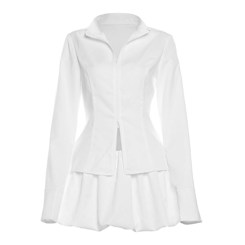 V Neck Zipper Top And Mini Skirt Set