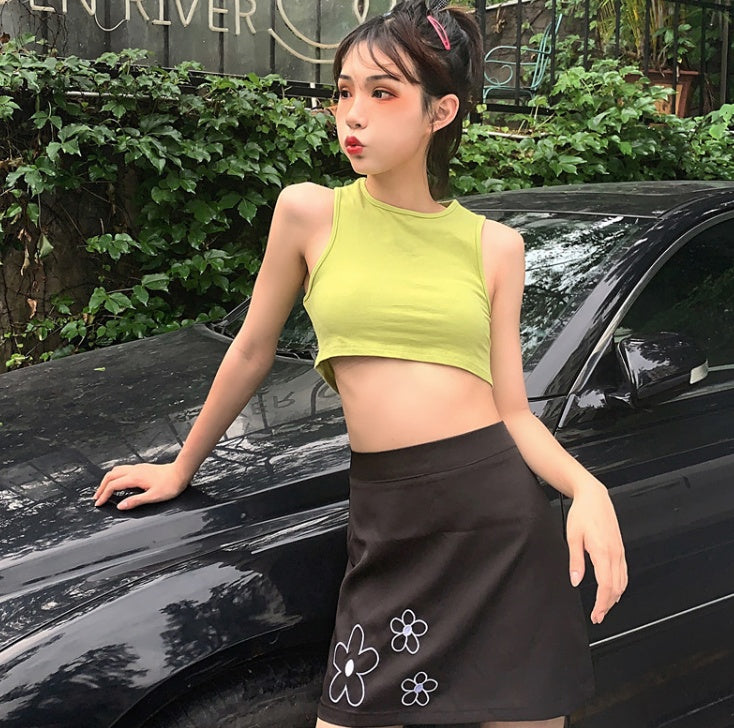 Summer Korean Style Chic Floral Embroidered Halter Top Skirt Set
