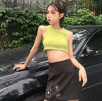 Summer Korean Style Chic Floral Embroidered Halter Top Skirt Set