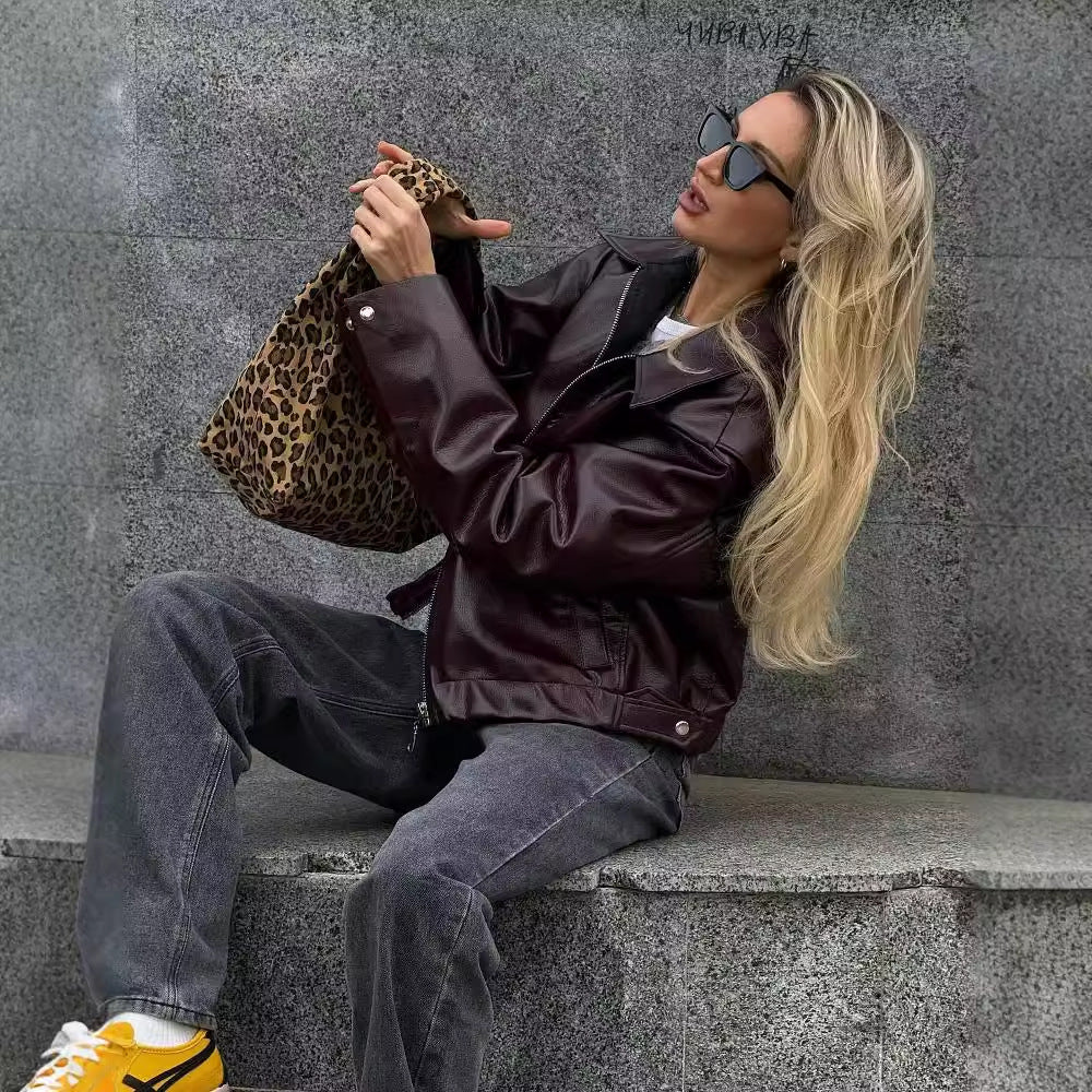 Elevated Casual Faux Leather Jacket With Lapel Zipper For Women