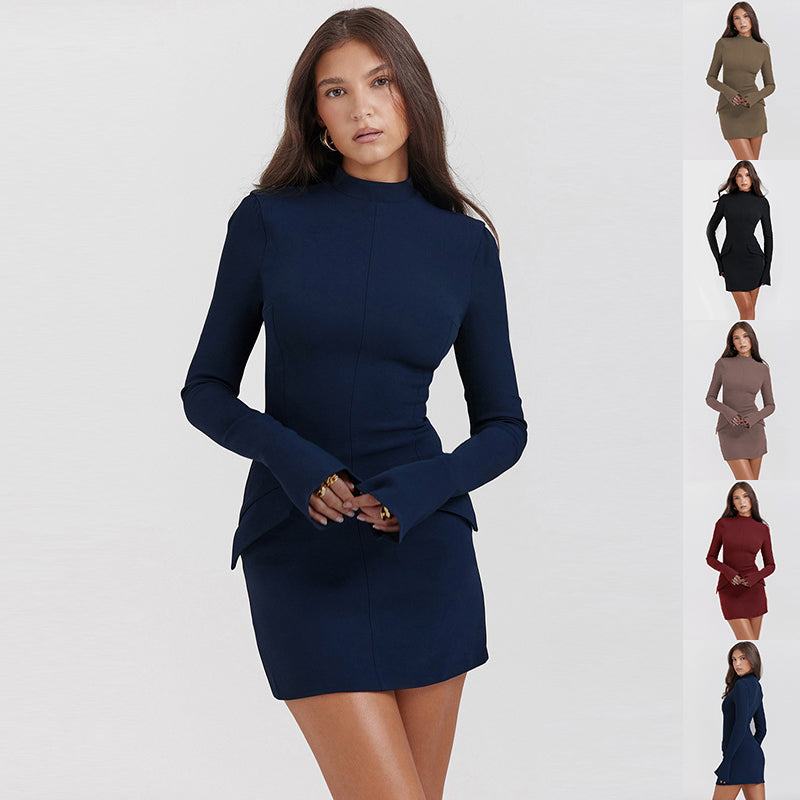 Women's Slim-fit Long-sleeved Pleated Hip-hugging Midi Dress