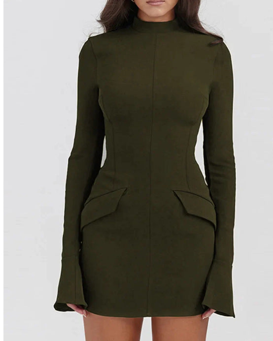 Women's Slim-fit Long-sleeved Pleated Hip-hugging Midi Dress