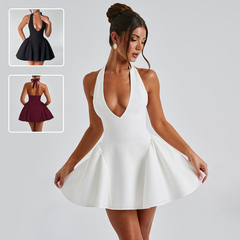 Deep V Neck Halter Backless Mini Dress