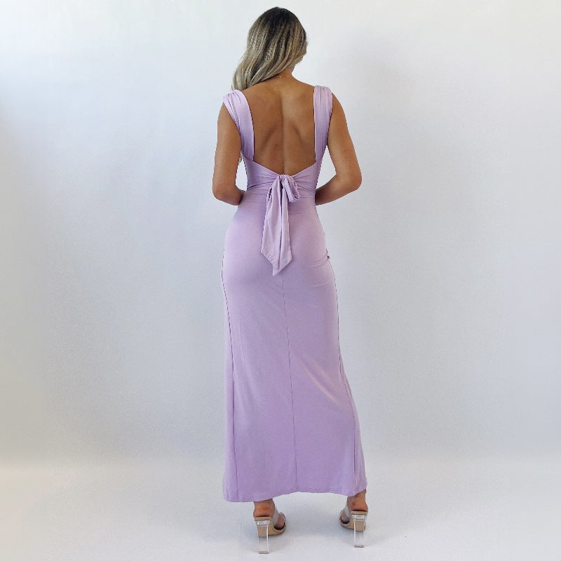 Women's Sleeveless Backless Slit Dress with Back Tie