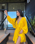 V Neck Lantern Sleeve Dress With Pleated Skirt