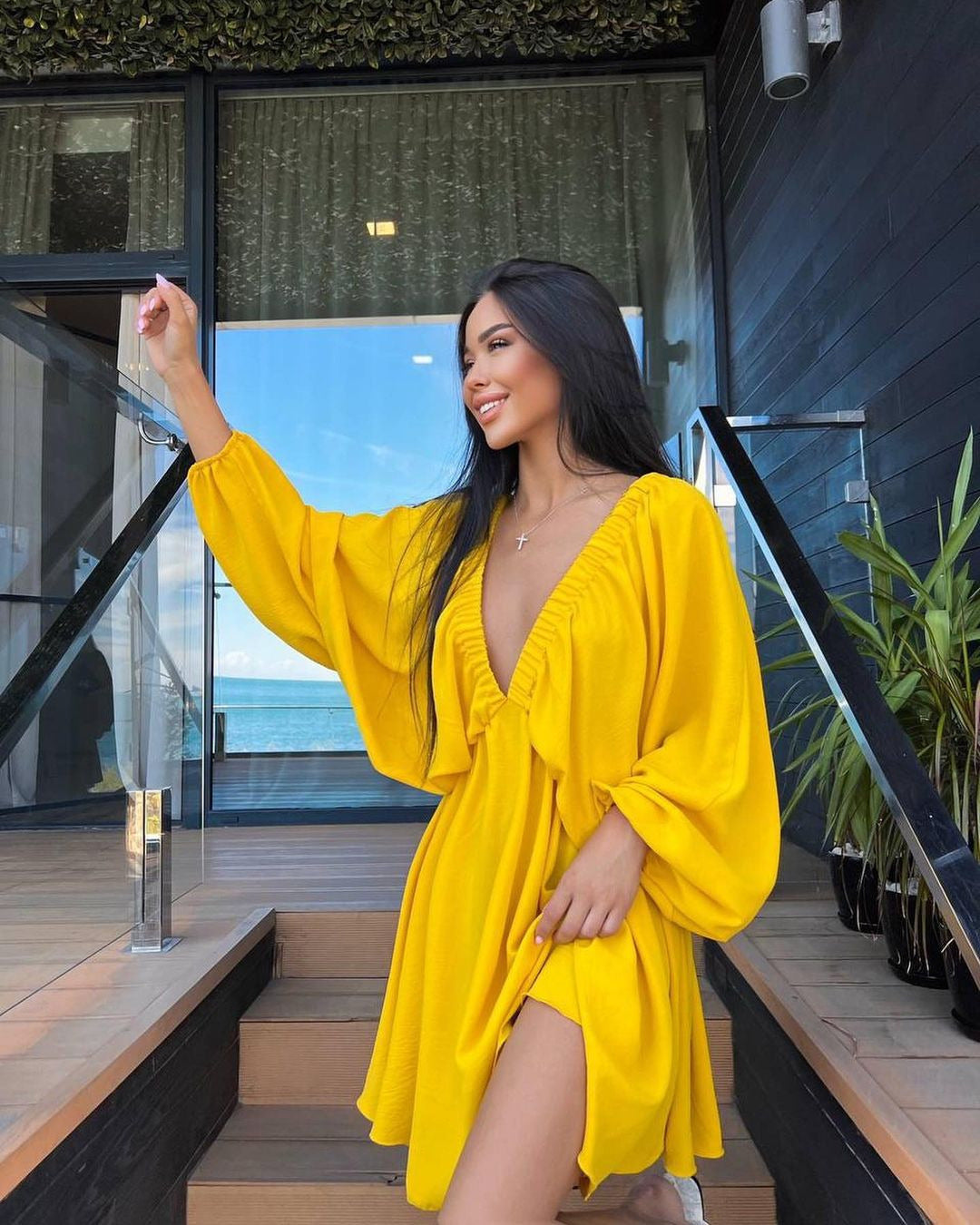 V Neck Lantern Sleeve Dress With Pleated Skirt