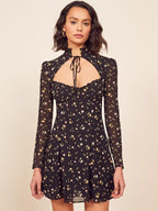 Black Hollow-Out Floral Long-Sleeved Dress