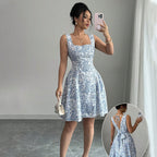 Floral Summer Dress With White And Blue Print High Waist A Line Sleeveless Short