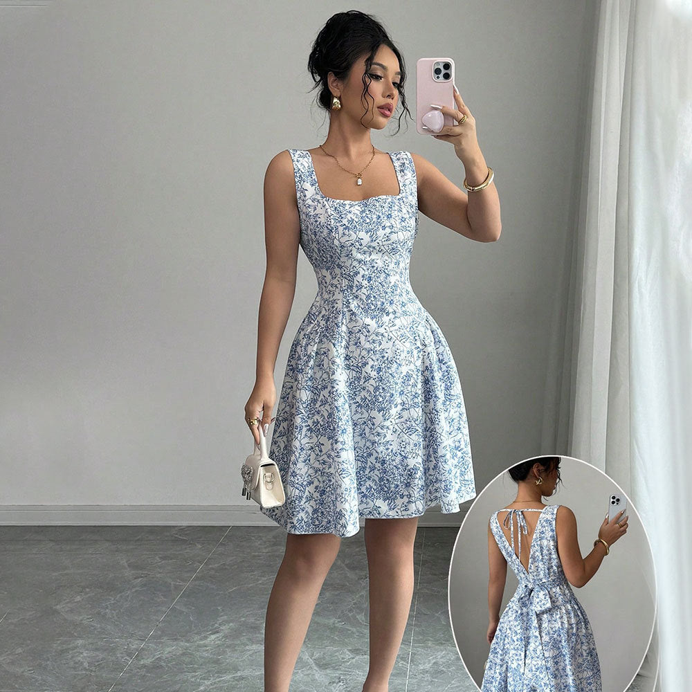 Floral Summer Dress With White And Blue Print High Waist A Line Sleeveless Short